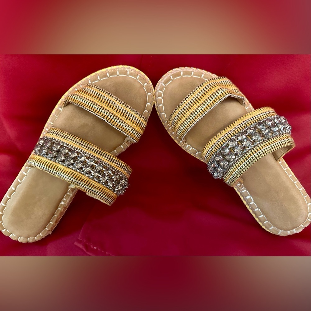 Crown Vintage Gold and Tan Gem Embellished Sandals Size 7